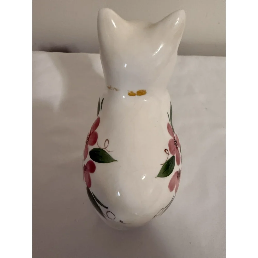 Cat Kitten Figurine White‎ Cat Painted Flowers Side Ceramic Hand Painted